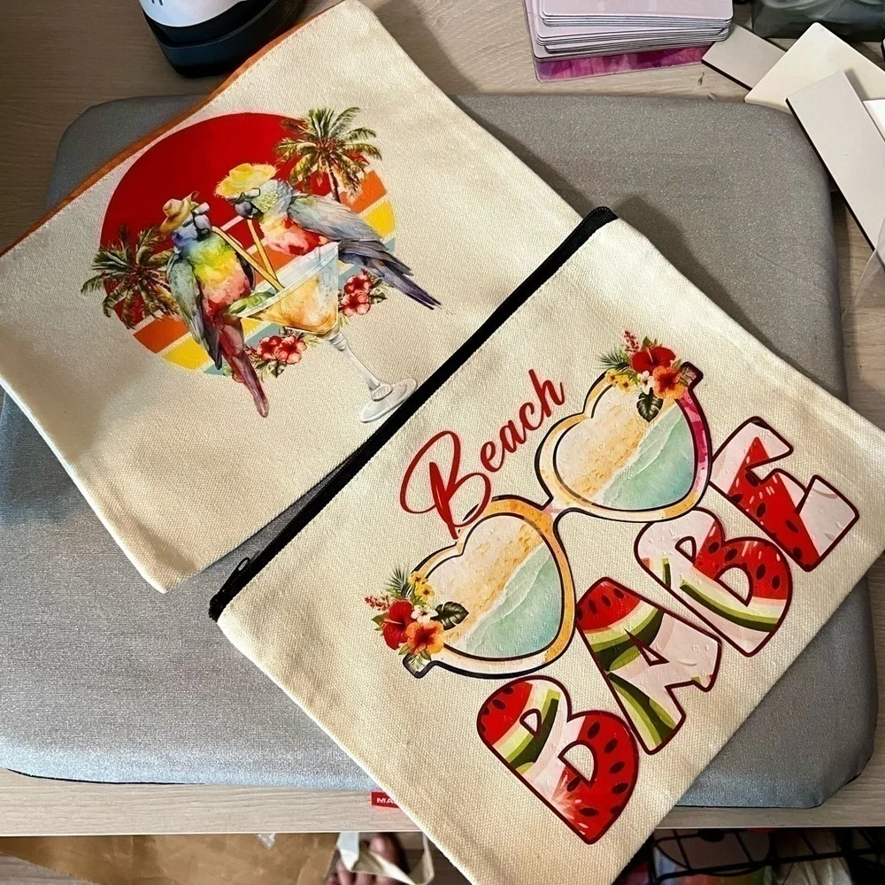 Handcrafted Lot of two make up bags with fresh pressed transfers!